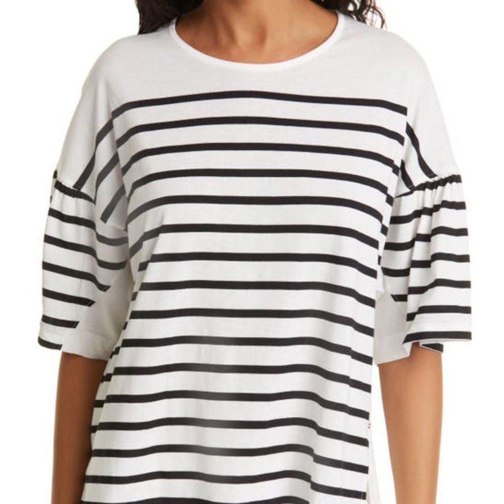 La Ligne Puff Sleeve Top White Black Striped Size XL